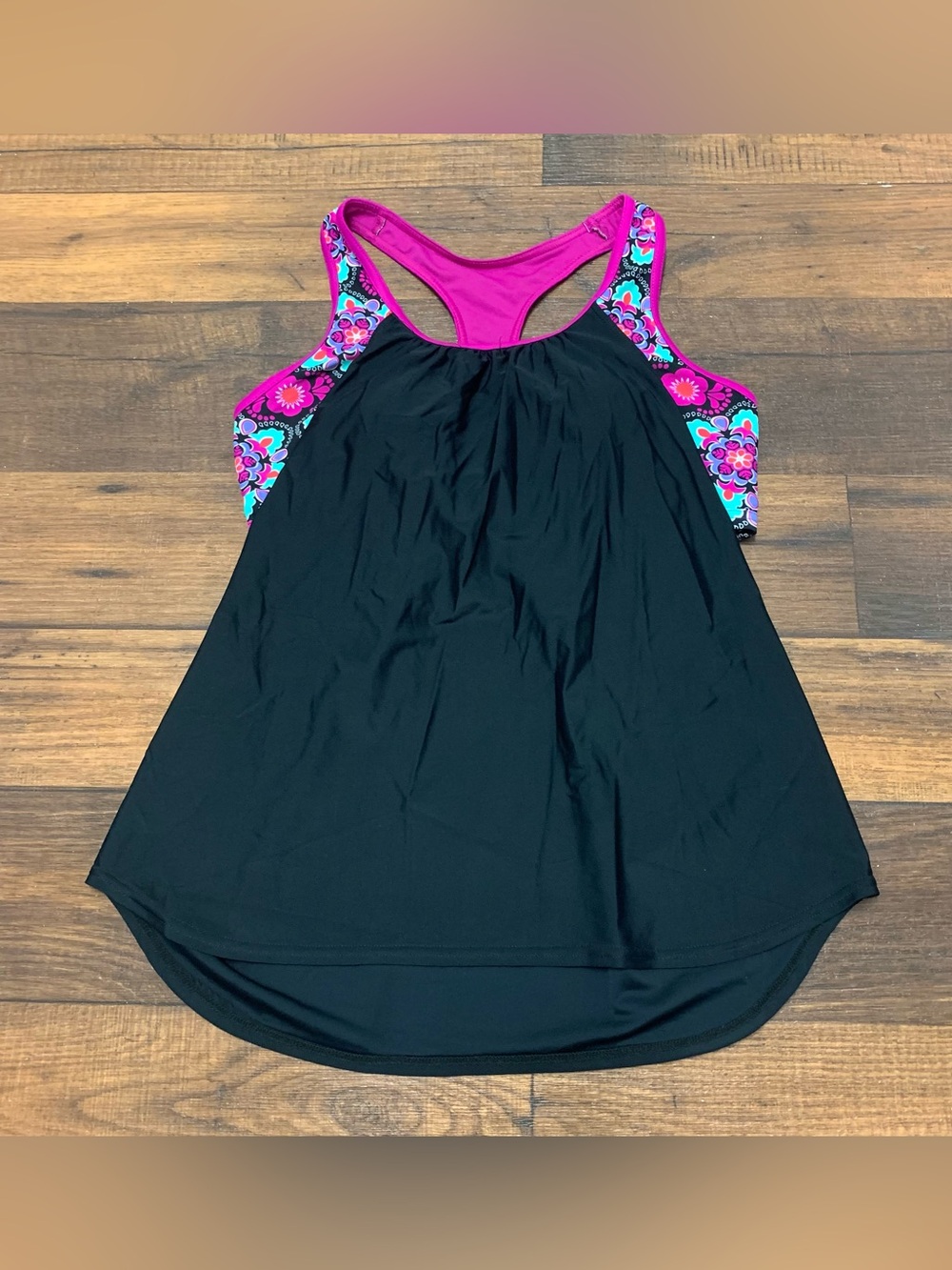 Summer Beachwear Women’s Sz L Black Floral Printed Tankini Swimwear Top